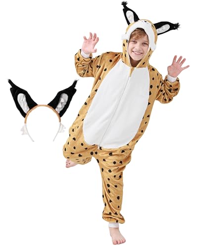 corimori Flauschiges Luchs-Kostüm für Kinder mit Haarreif | Karneval Fasching Kostüm Onesie für Mädchen, Jungen | Körpergröße 110-130cm von corimori