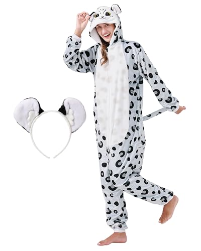 corimori Flauschiges Schneeleopard-Kostüm für Erwachsene mit Haarreif | Karneval Kostüm Onesie für Damen, Herren | Körpergröße 150-160cm von corimori