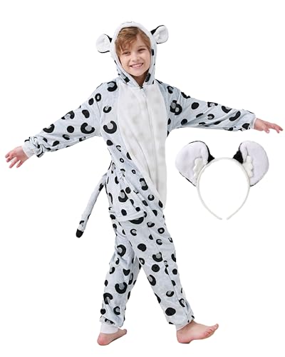 corimori Flauschiges Schneeleopard-Kostüm für Kinder mit Haarreif | Karneval Fasching Kostüm Onesie für Mädchen, Jungen | Körpergröße 110-130cm von corimori