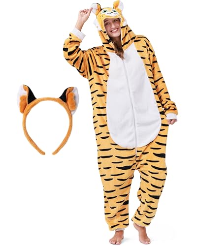 corimori Flauschiges Tiger-Kostüm für Erwachsene mit Haarreif | Karneval Kostüm Onesie für Damen, Herren | Körpergröße 150-160cm von corimori