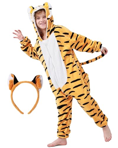 corimori Flauschiges Tiger-Kostüm für Kinder mit Haarreif | Karneval Fasching Kostüm Onesie für Mädchen, Jungen | Körpergröße 110-130cm von corimori