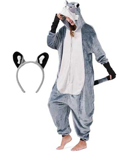 corimori Flauschiges Waschbär-Kostüm für Erwachsene mit Haarreif | Karneval Kostüm Onesie für Damen, Herren | Körpergröße 150-160cm von corimori