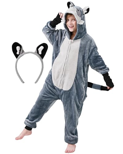 corimori Flauschiges Waschbär-Kostüm für Kinder mit Haarreif | Karneval Fasching Kostüm Onesie für Mädchen, Jungen | Körpergröße 110-130cm von corimori