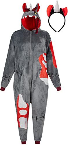 corimori Flauschiges Zombie Einhorn Kostüm für Erwachsene mit Haarreif | Halloween Kostüm Onesie für Damen, Herren | Körpergröße 160-170cm von corimori