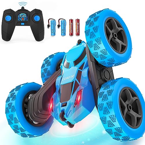 cosone Ferngesteuertes Auto, 2,4 GHz RC Autos mit Scheinwerfern, Allrad Offroad Stuntauto, Doppelseitiges 360° Drehbares Autospielzeug, Geschenke für Kinder ab 6 Jahren (Blau) von cosone