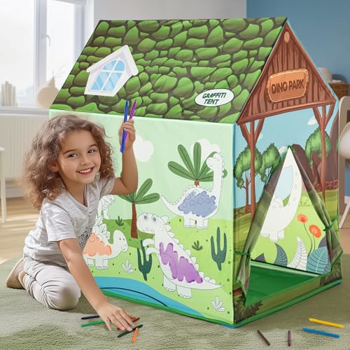 cossy Dinosaurier Kinderzelt, Spielzelt mit Aquarellstifte, Kinderzelt Indoor Wahsbar, Zelt Kinderzimmer, Spielhaus Kinder Indoor, Dinosaurier Spielzeug für Mädchen und Jungen von cossy