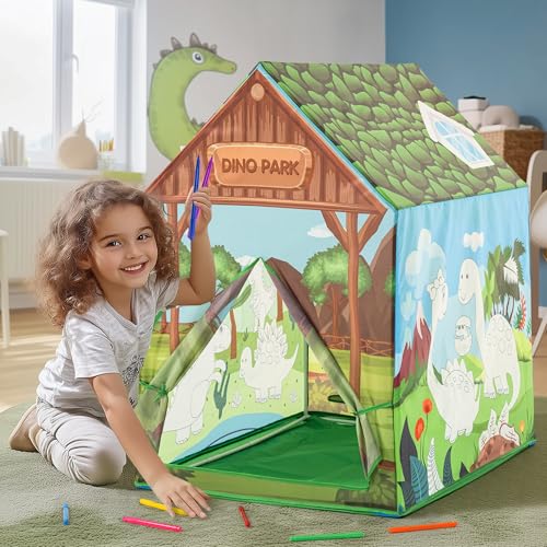 cossy Dinosaurier Kinderzelt, Spielzelt mit Aquarellstifte, Kinderzelt Indoor Wahsbar, Zelt Kinderzimmer, Spielhaus Kinder Indoor, Dinosaurier Spielzeug für Mädchen und Jungen von cossy