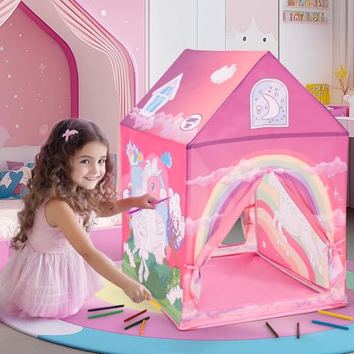 cossy Einhorn Kinderzelt, Spielzelt mit Aquarellstifte, Kinderzelt Indoor Wahsbar, Zelt Kinderzimmer, Spielhaus Kinder Indoor, Geschenk für Mädchen und Jungen, Rosa von cossy