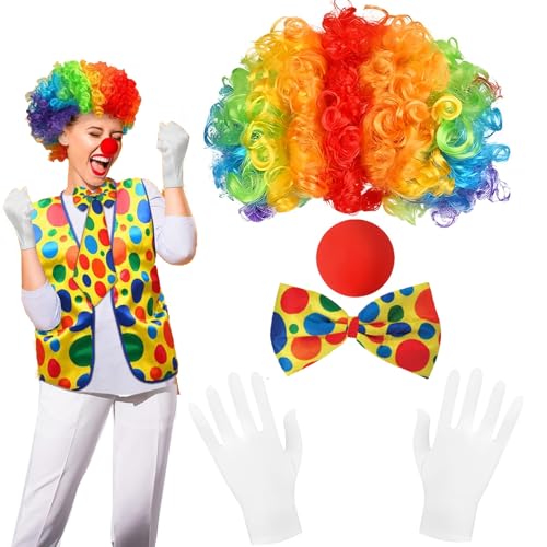 Cozczyeqco Clown Kostüm Accessoire, Clown Kostüm Set, Clownsnasen Rot+Clown Krawatte+Clown Perücke+Handschuhe, Geeignet für Ostern, Arty Event, Karnevals Kostüm Cosplay (B) von cozczyeqco