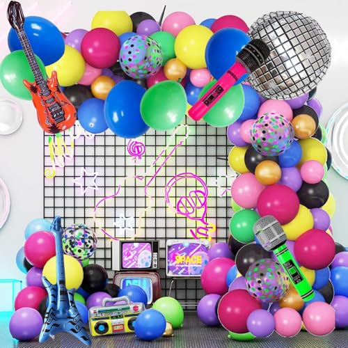 80er 90er Jahre Thema Party Dekorationen, Retro Rock Musik Ballon Girlande Bogen Kit mit Regenbogen Ballons & Disco Ball Boombox Bass Gitarre Mikrofon Folienballons für Hip Hop Geburtstag Party von crayfomo