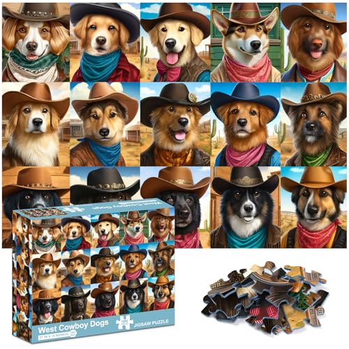 crowm 1000 Teile Puzzle für Erwachsene, 15 lustige verschiedene Hunde Puzzle Herausfordernde Familienaktivität West Cowboy Hunde Puzzle perfekt für Spielabende und Heimdekoration von crowm