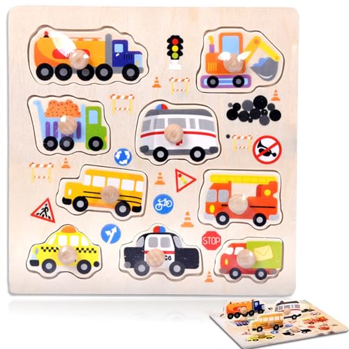 Kinder Holzpuzzle, 9er Steckpuzzle Set, Bunten Fahrzeugen, Spielzeug Ab 1 Jahr, 2 3 Jahre, Natürlicher Holzhintergrund, Puzzle Lernspielzeug, Geschenk Für Mädchen and Junge von cuhostki