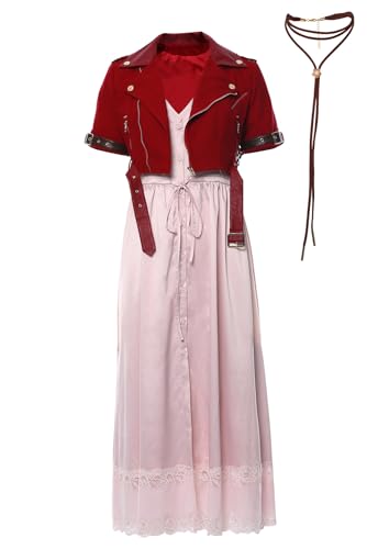 cultofmoon Aerith Cosplay Kleid mit Jacke FF7 Cosplay Aerith Outfit Rot Jacke Rosa Kleid Leder Halskette Set Anime Cosplay Halloween Karneval Kostüm von cultofmoon