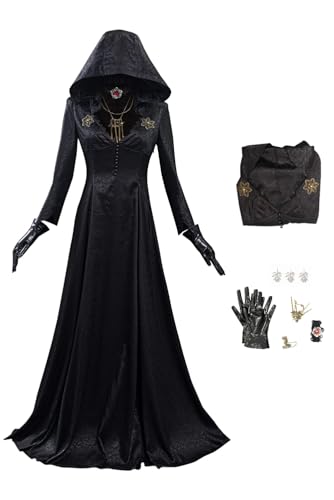 cultofmoon Bela Dimitrescu Cosplay Kleid Mittelalter Gothic Retro Kapuzenkleid Schwarz Langarm Kleid mit Kapuze Vampir Hexe Spiel Village Cosplay Kostüm Halloween Karneval von cultofmoon