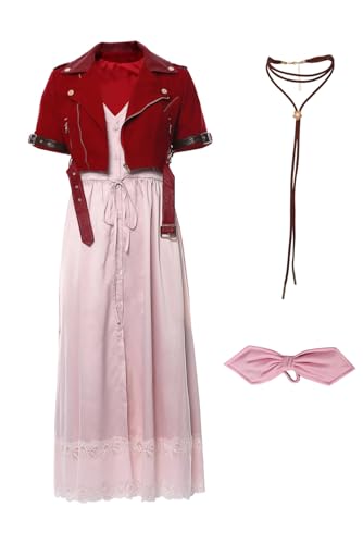 cultofmoon FF7 Cosplay Kostüm Aerith Kleid mit Jacke Aerith Outfit Rot Jacke Rosa Kleid Halskette Haarband Aerith Gainsborough Cosplay Damen Halloween Karneval Anzug von cultofmoon