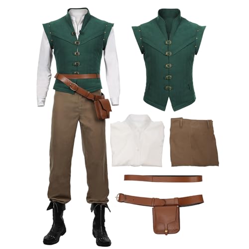 cultofmoon Flynn Cosplay Kostüm Mittelalter Prinz Outfit Hemd Weste Hose Gürtel Renaissance Steampunk Pirate Anzug Retro Stehkragen Herrenweste Halloween Karneval Kostüm von cultofmoon