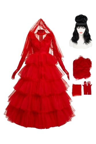 cultofmoon Lydia Deetz Cosplay Brautkleid Rot Braut Kleid mit Perücke Hochzeitskleid Spitzenkleid Beetle Lydia Kostüm Gothic Abendkleid Halloween Karneval Outfits von cultofmoon