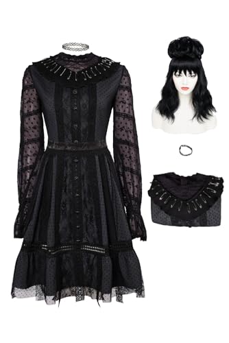 cultofmoon Lydia Deetz Kostüm Lydia Cosplay Kleid mit Perücke Beetle Schwarzes Spitzenkleid Mittelalter Vintage Langarm Kleid Gothic Viktorianisch Halloween Karneval Outfits von cultofmoon