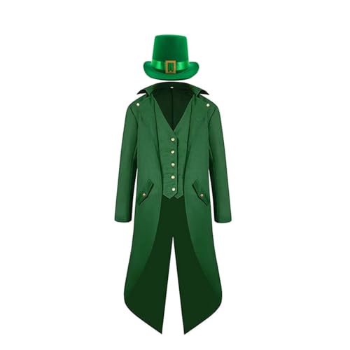 cultofmoon Vintage Steampunk Grün Mantel Herren St. Patricks Day Kostüm Parade Frack Jacke Hut Irischer Mann Cosplay Anzug Zylinder Hut von cultofmoon