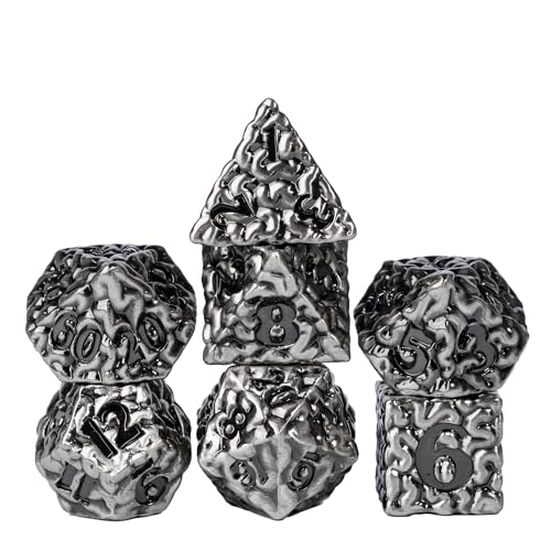 Cusdie 7 PCs Metal DND Dice Set, Brain Design Metal Dice, D&D Polyhedral Dice Set with Skull Dice Bag, for Role Playing Game D&D Dice MTG Pathfinder (Antique Nickel) von cusdie