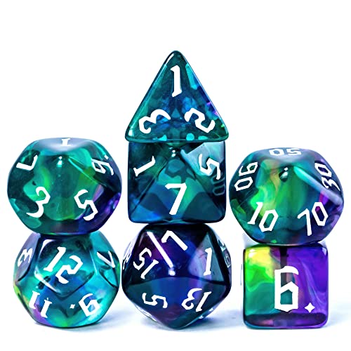 Cusdie 7-teiliges DND-Würfel-Set, D&D, polyedrische Würfel für Dungeons and Dragons, Pathfinder, MTG, Rollenspiele, RPGs (4 Farben: grün/lila/blau/gelb) von cusdie