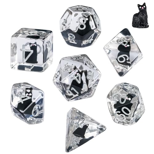 Cusdie 7-teiliges DND-Würfel-Set, polyedrisches Würfel-Set, gefüllt mit Tieren, für Rollenspiele, Dungeons and Dragons, D&D-Würfel (Schwarze Katze) von cusdie