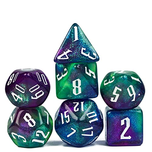 Cusdie 7-teiliges DND-Würfel-Set D&D-Polyedrische Würfel für TTRPG Dungeons and Dragons Pathfinder Rollenspiele RPGs (lila, grün mit Glitzer) von cusdie