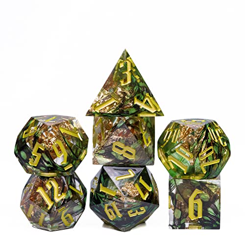 Cusdie DND-Würfel mit scharfen Kanten, 7 Stück, D&D-Würfel, handgefertigt, polyedrisches Würfel-Set, für Rollenspiele, MTG Pathfinder (grüne Feder) von cusdie