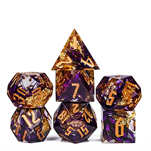 Cusdie DND-Würfel mit scharfen Kanten, 7 Stück, D&D-Würfel, handgefertigt, polyedrisches Würfel-Set, für Rollenspiele, MTG Pathfinder (violette Feder) von cusdie