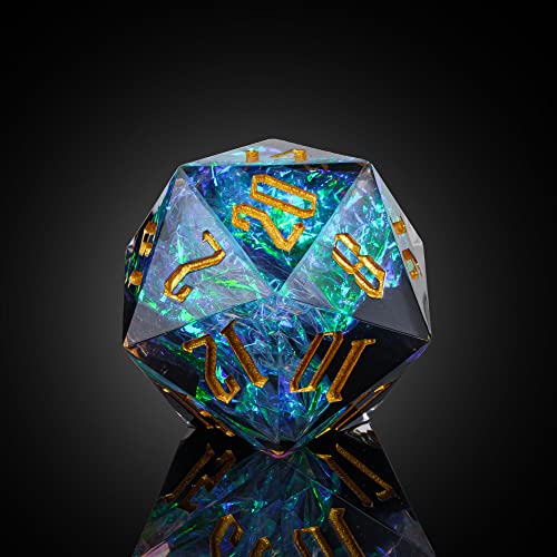 Cusdie Einzelner D20-DND-Würfel mit scharfen Kanten und Glitzerfolieneinschlüssen, 20-seitiger D&D-Würfel, 33 mm, handgefertigt, polyedrische Würfel, für Rollenspiele, MTG Pathfinder (Schwarz/T) von cusdie