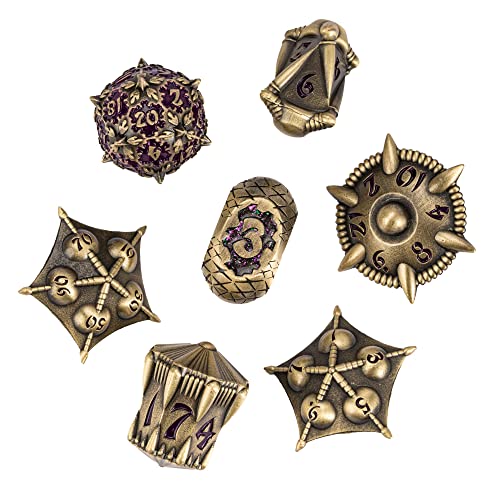 Cusdie DND-Würfel-Set aus Metall, 7-teilig, DND-Metallwürfel, Drachendesign, polyedrisches Würfel-Set, für Rollenspiele, D&D-Würfel (Antike Bronze mit violetten Zahlen) von cusdie