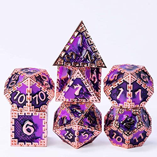 Cusdie Metallwürfel-Set, 7-teilig, DND-Metallwürfel, Drachenschuppen, polyedrisches Würfel-Set, für Rollenspiele, D&D-Würfel (Kupfer mit Lila) von cusdie