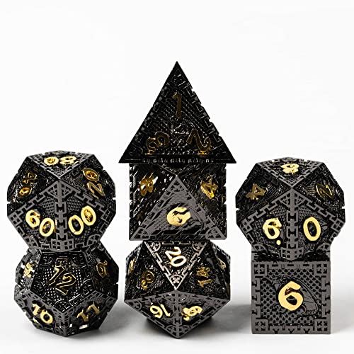 Cusdie Metall-Würfel-Set, 7-teilig, DND-Metallwürfel, Drachen-Skala, polyedrisches Würfel-Set, für Rollenspiele, D&D-Würfel (Schwarz/Gold) von cusdie