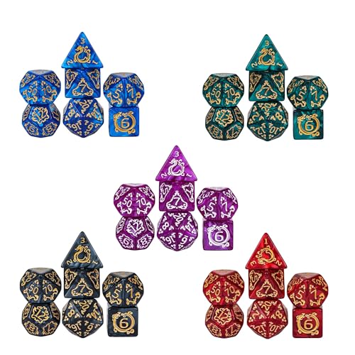 Cusdie Polyedrisches Würfel-Set, Drachenmuster, D&D-Würfel-Set für Dungeons and Dragons, RPG, MTG, Tischspiele, 5 Sets/35 Stück von cusdie