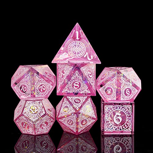 Cusdie DnD-Würfel mit scharfen Kanten, 7 Stück, D&D-Würfel, handgefertigt, polyedrisches Würfel-Set, für Rollenspiele (rosa Muster) von cusdie