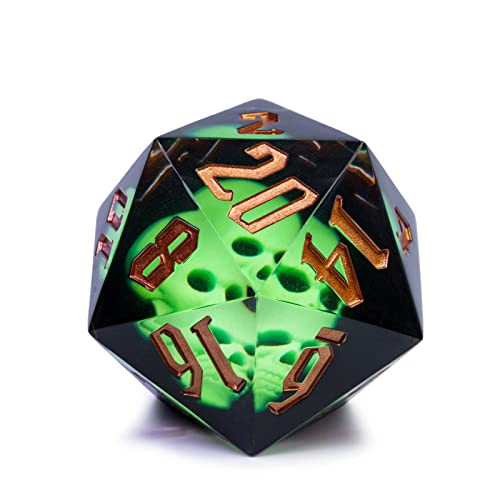 cusdie Große D20-Würfel, 55 mm, mit scharfen Kanten und Totenkopf-Einschlüssen, D&D, 20-seitiger Würfel, handgefertigter DND-D20-Würfel, für Dungeons and Dragons RPG, MTG-Tischspiele (grüner von cusdie