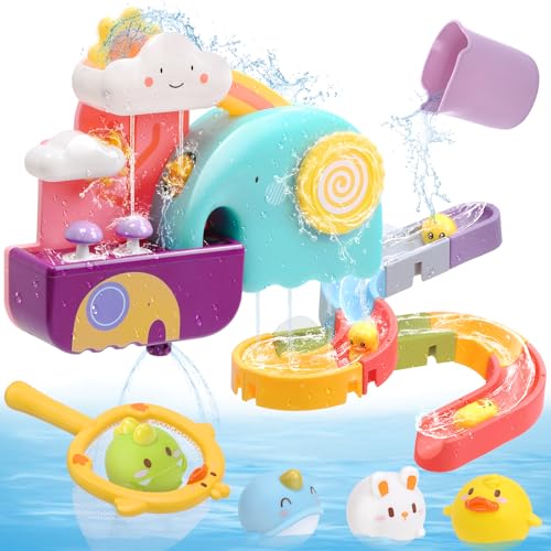 CUTE STONE Baby Badespielzeug, Badewannenspielzeug mit Wasserrutsche, schwimmendes Spritzspielzeug, Entenfischernetzspiel, Kleinkind-Duschspielzeug, Wasser- und Poolspielzeug… von cute stone