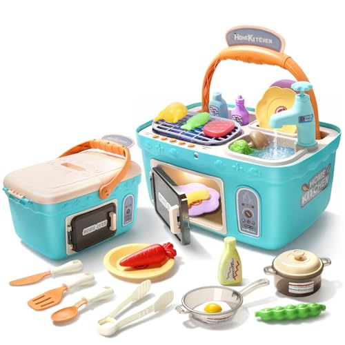 CUTE STONE Kinder Küchenspielzeug Picknick Set, tragbare Picknickkorb Spielzeug mit Musik und Lichtern, farbwechselndes Spielessen, Küche Spüle, Küchenspielset Geschenk für Kinder Jungen Mädchen von cute stone