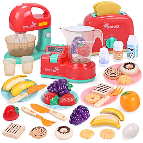 CUTE STONE Küchengeräte-Set für Kinder, Mixer und Mixer für Kinder, mit Sound und Lichtern, Toaster, Lebensmittelschneider, Küchenspielzeug für Kinder von cute stone