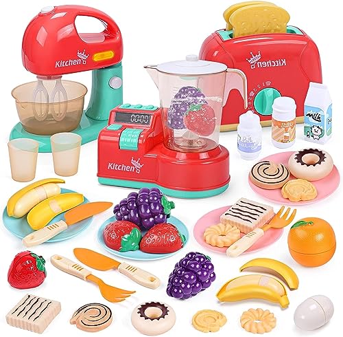 CUTE STONE Küchengeräte Spielzeug Set mit Ton und Licht, Kinderküchen Spielzeug-Mixer, Spiel-Toaster, Schneiden von Spielessen, Kleinkind-Spielküchengräte-Set von cute stone