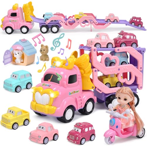 CUTE STONE Rosa Truck Spielzeug-Set für Mädchen, extra lange Rutsche, faltbares Transportfahrzeug mit Licht und Sound, niedliche Puppe, 4 Ziehautos, 1 Motorrad, 2 Begleithunde, Prinzessinnengeschenke von cute stone