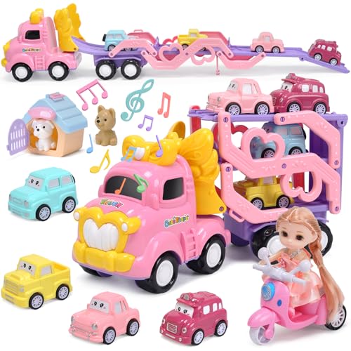 CUTE STONE Rosa Truck Spielzeug-Set für Mädchen, extra lange Rutsche, faltbares Transportfahrzeug mit Licht und Sound, niedliche Puppe, 4 Ziehautos, 1 Motorrad, 2 Begleithunde, Prinzessinnengeschenke von cute stone