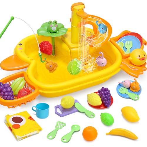 Cute Stone Küchenspüle Spielzeug Set mit Fließendem Wasser, Geschirr Set, mit Obst-Schneiden, Angeln Spielzeug Pretend Play Küche Wasserbecken Spielzeug für Jungen Mädchen von cute stone