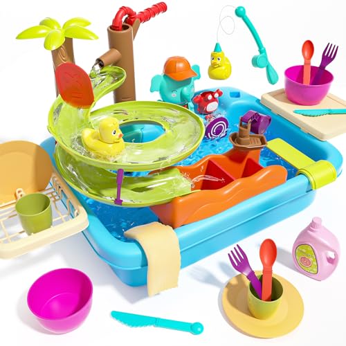 CUTE STONE Küchenspüle Spielzeug mit Manuellem Wasser Pumpe, Angelspielzeug, Wasserrutsche, Becherchen, Besteck Kitchen Sink Toy Set Wasserspielplatz für Kinder von cute stone