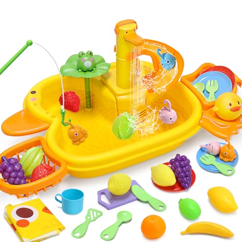 CUTE STONE Küchenspüle Spielzeug Set Wasserbecken Spielzeug Set mit Wasserhahn, Obst-Schneiden Wasserrutschbahn, Floating Spielzeug, Angelspielzeug, Rollenspiel Spielzeug für Kinder von cute stone