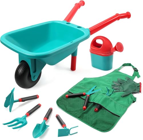 cute stone Gartenwerkzeug-Set für Kinder, Gartenspielzeug mit Schubkarre, Gartenhandschuhen, Handrechen, Schaufel, Doppelhacke, Spielzeug für drinnen und draußen, Geschenk für Jungen und Mädchen von cute stone