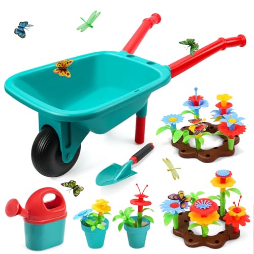 cute stone Gartenwerkzeug-Set für Kinder, Gartenspielzeug mit Schubkarre, Gießkanne, Schaufel, Blumengarten-Bauspielzeug, Rollenspiel für draußen und drinnen von cute stone