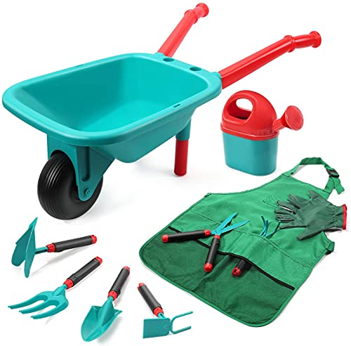 cute stone Kinder Gartengeräte Set, Gartenarbeit Werkzeug mit Schubkarre, Gießkanne, Handschuhe, Hand Harke, Schaufel, Kelle, Hacke, Schürze, Outdoor Indoor Spielzeug Geschenk für Jungen Mädchen von cute stone