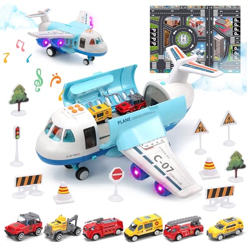 cute stone Toy Airplane Plane Toy with Smoke, Sound and Light, Fricton Powered Airplane with Mini Cars, Great Gift for Boys and Girls von cute stone