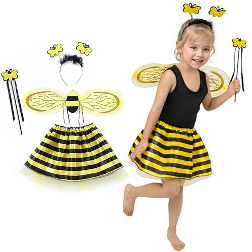 cuteDIY 4 Stück Bienenkostüm Kinder, Kostüm Biene Kind, Bienen Flügel, Bienenflügel Kinderkostüme Mädchen Set von cuteDIY